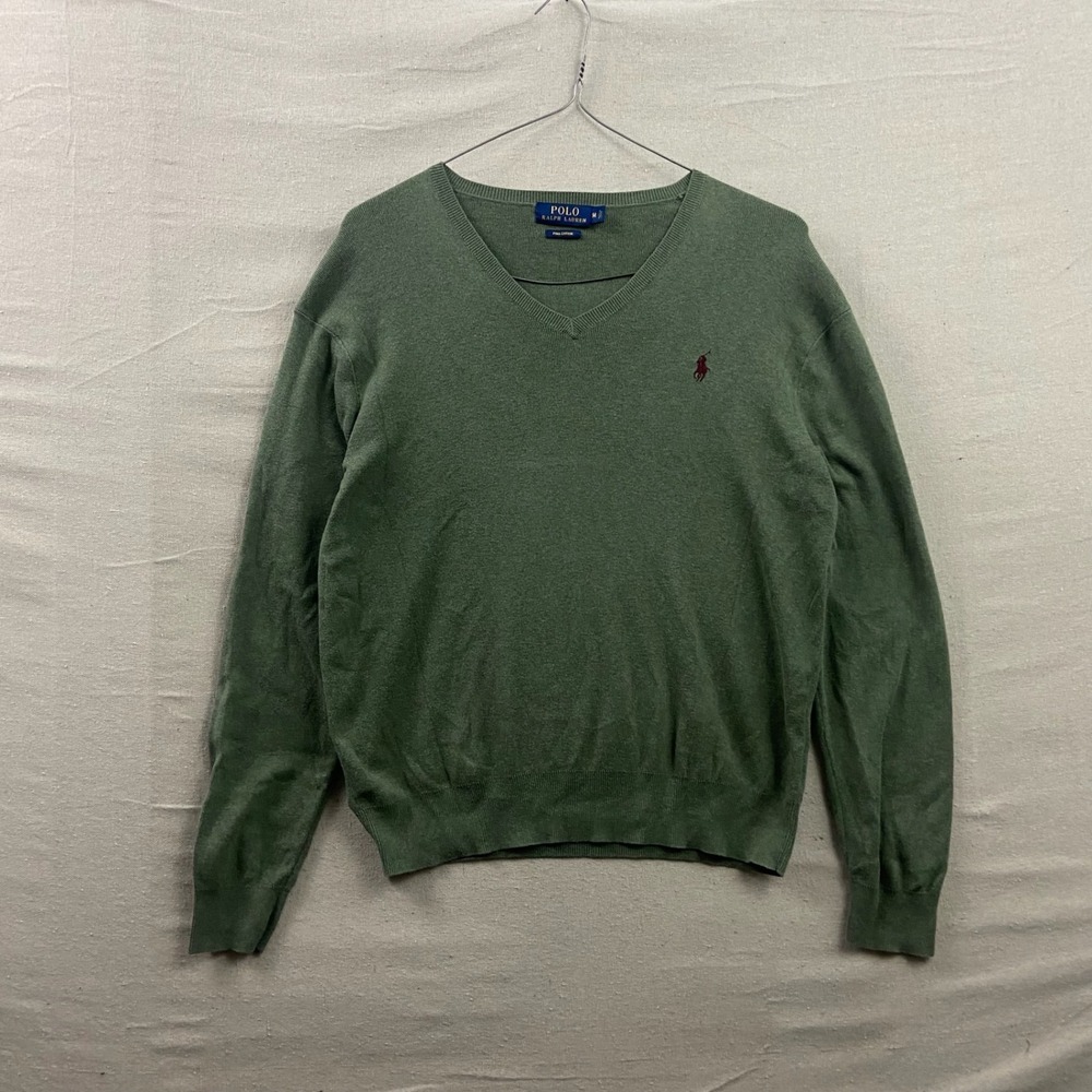 Polo Ralph Lauren V-Neck Sweater Mens Medium Green Pima Cotton Pony Logo